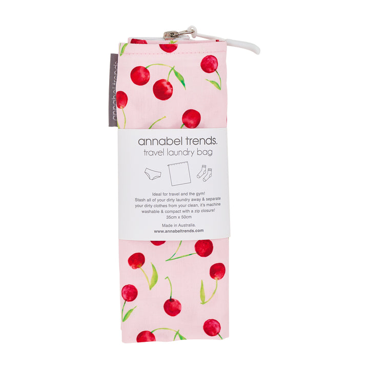 Cherry cotton laundry bag cherries on a pink background