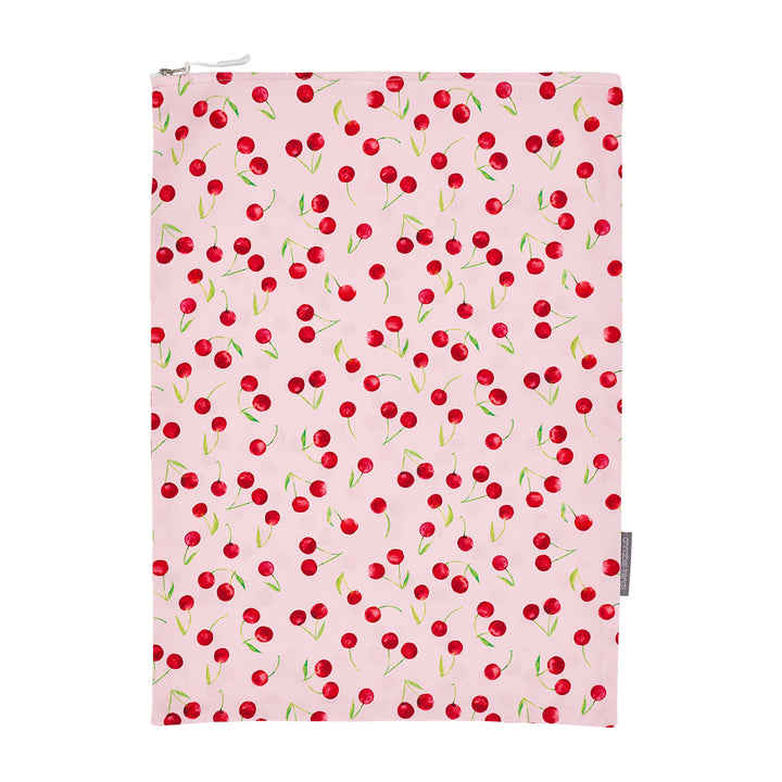 cotton Laundry bag with cherry pattern on a pink background