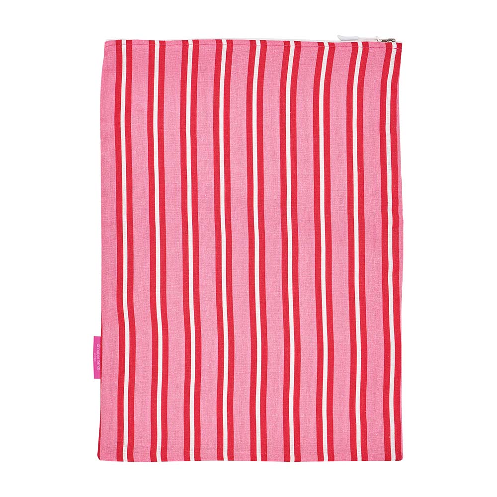Pink and red striped laundry bag on a white background