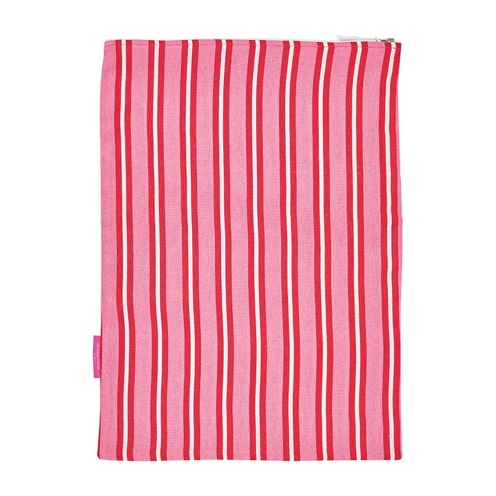Pink and red striped laundry bag on a white background