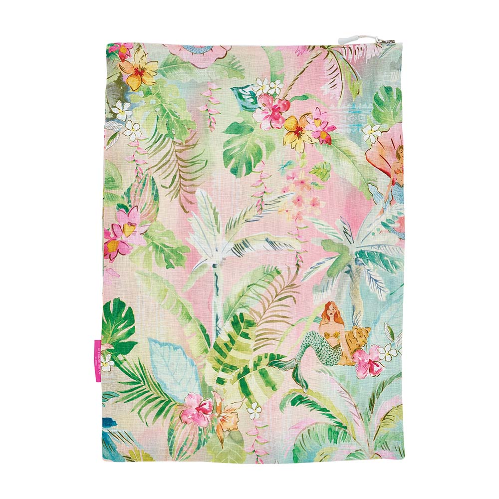 Tropical-themed laundry bag with mermaid design on a white background