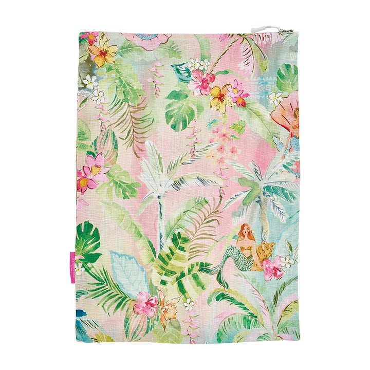 Tropical-themed laundry bag with mermaid design on a white background