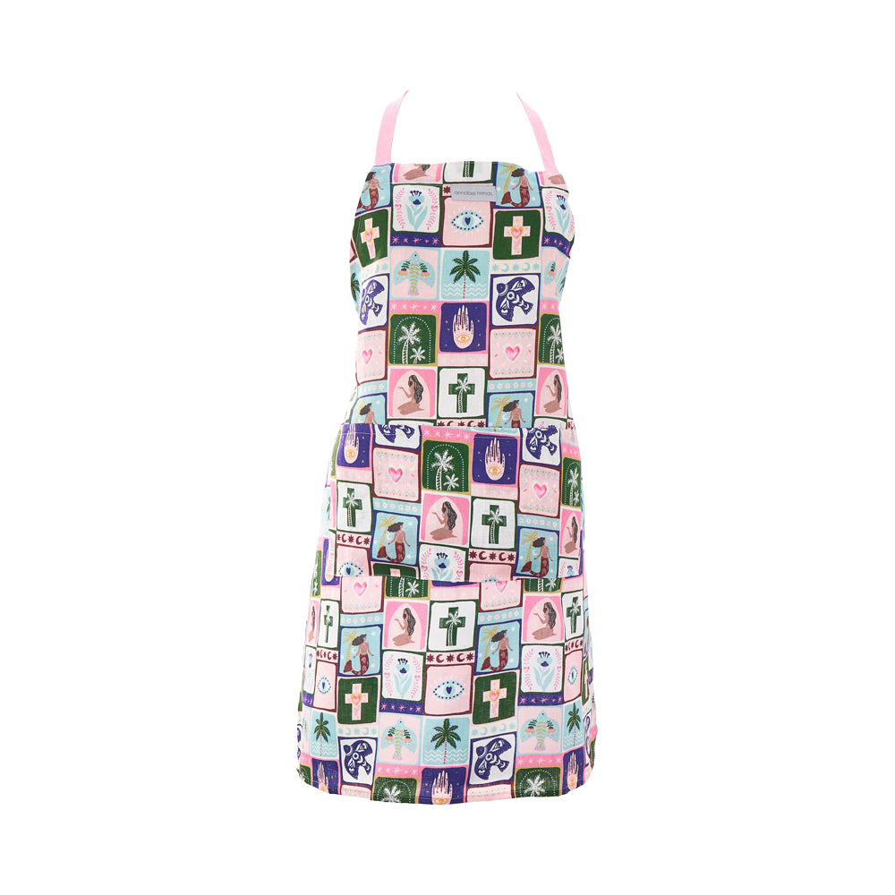 Colourful linen celestial dreams apron with geometric pattern on a white background