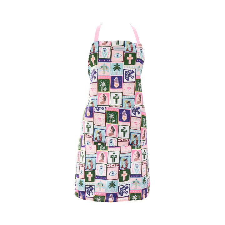 Colourful linen celestial dreams apron with geometric pattern on a white background