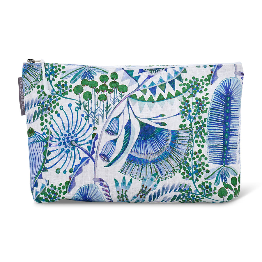 Bush Botanical linen Cosmetic bag with green and blue floral print