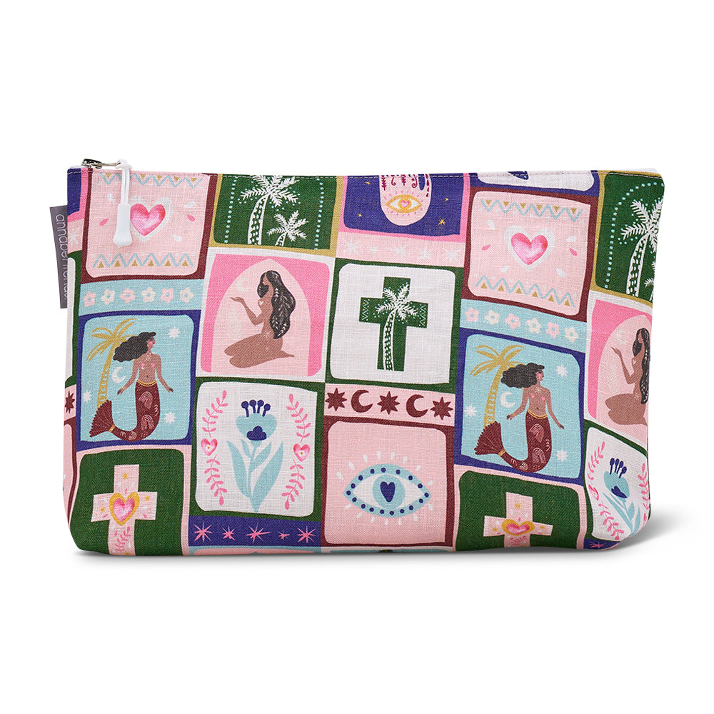 Colourful cosmetic bag pouch with geometric patterns on a white background