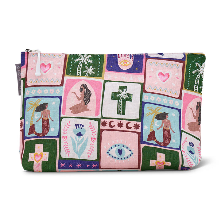 Colourful cosmetic bag pouch with geometric patterns on a white background