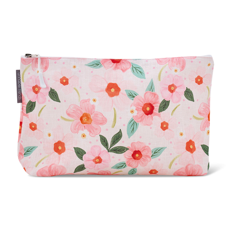 Floral-patterned cosmetic bag on a white background