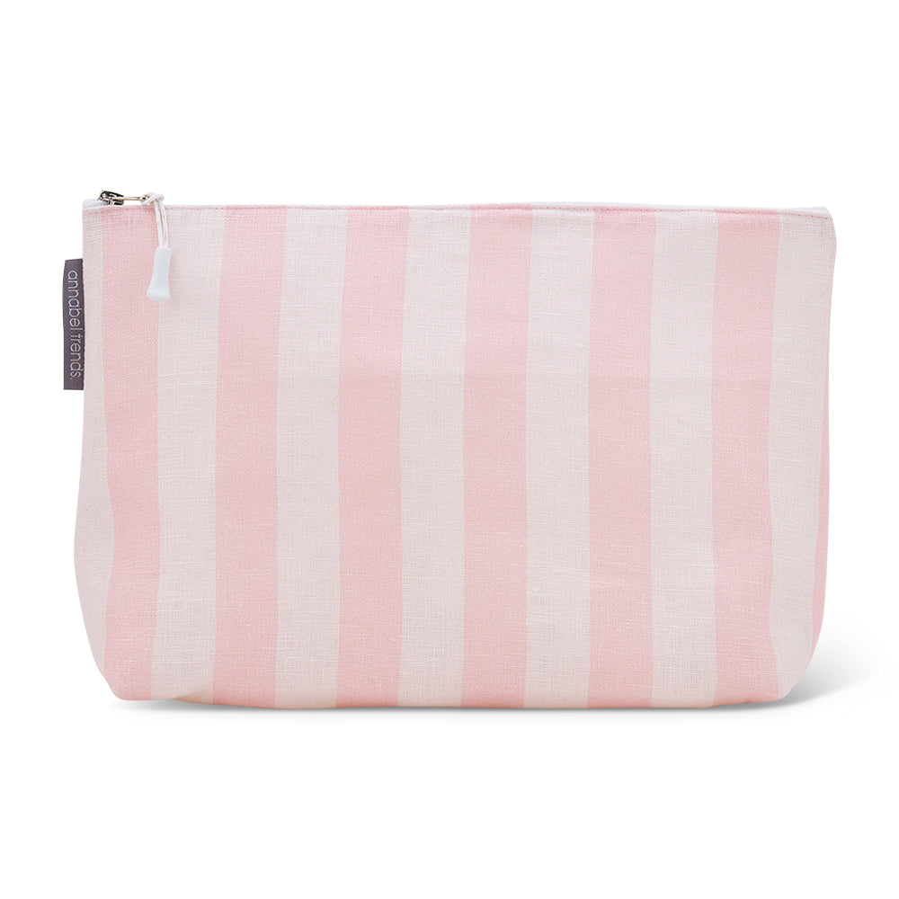 Linen pink Striped cosmetic bag with pink and white stripes on a white background