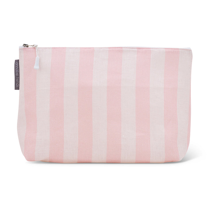 Linen pink Striped cosmetic bag with pink and white stripes on a white background