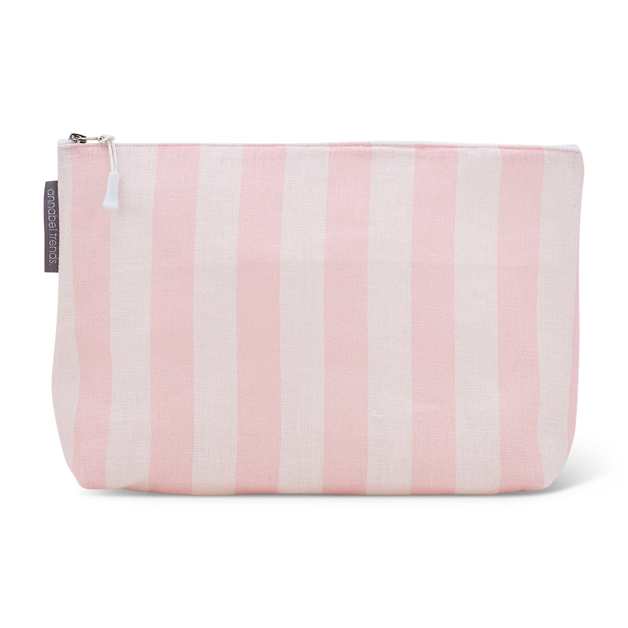 Linen pink Striped cosmetic bag with pink and white stripes on a white background