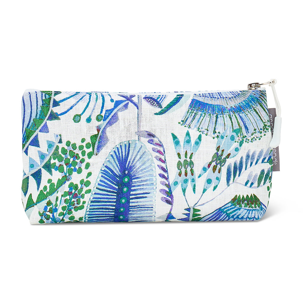 Bush Botanical linen Cosmetic bag with green and blue floral print