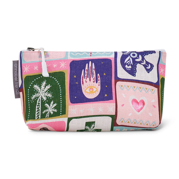 Multicoloured cosmetic bag with various designs on a white background