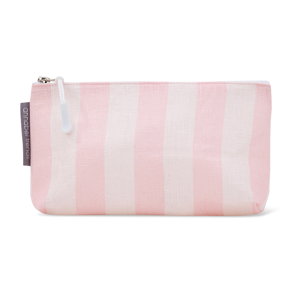 linen pink stripe cosmetic bag with zip on white background