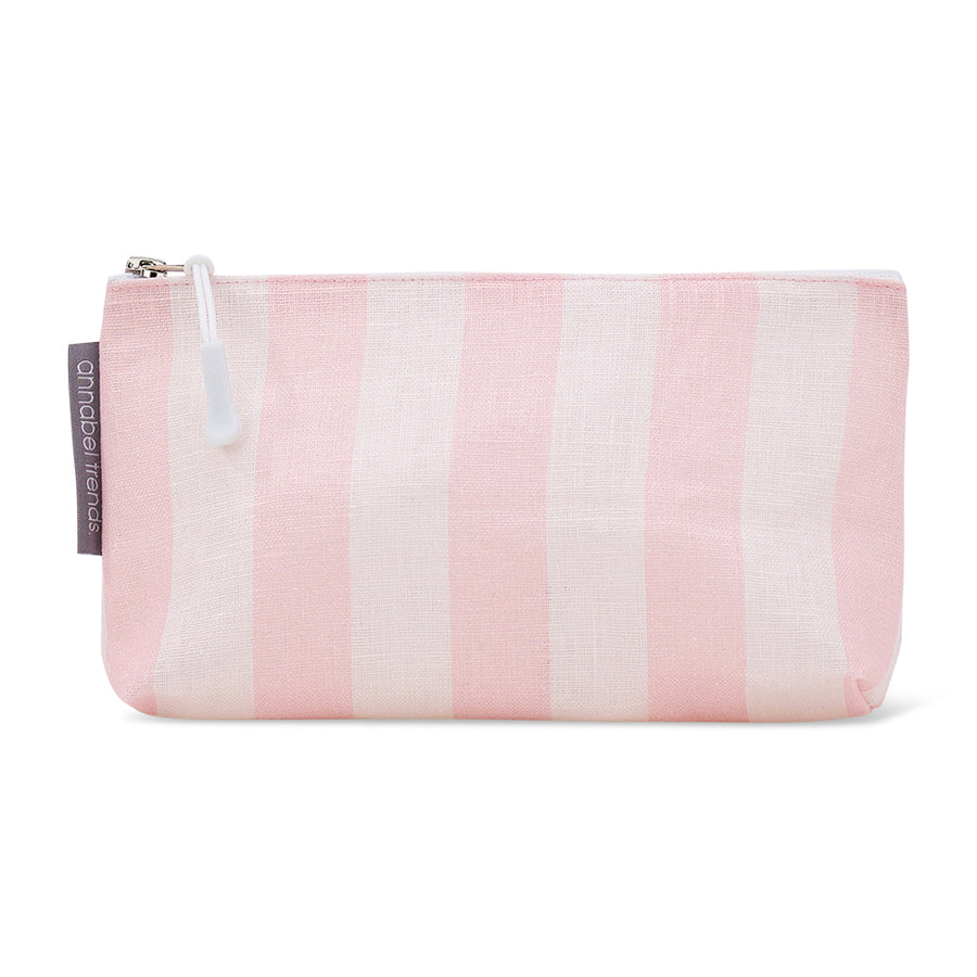 linen pink stripe cosmetic bag with zip on white background