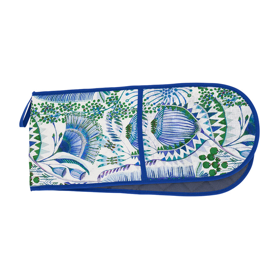 Bush Botanical linen double oven mitt with green and blue floral print
