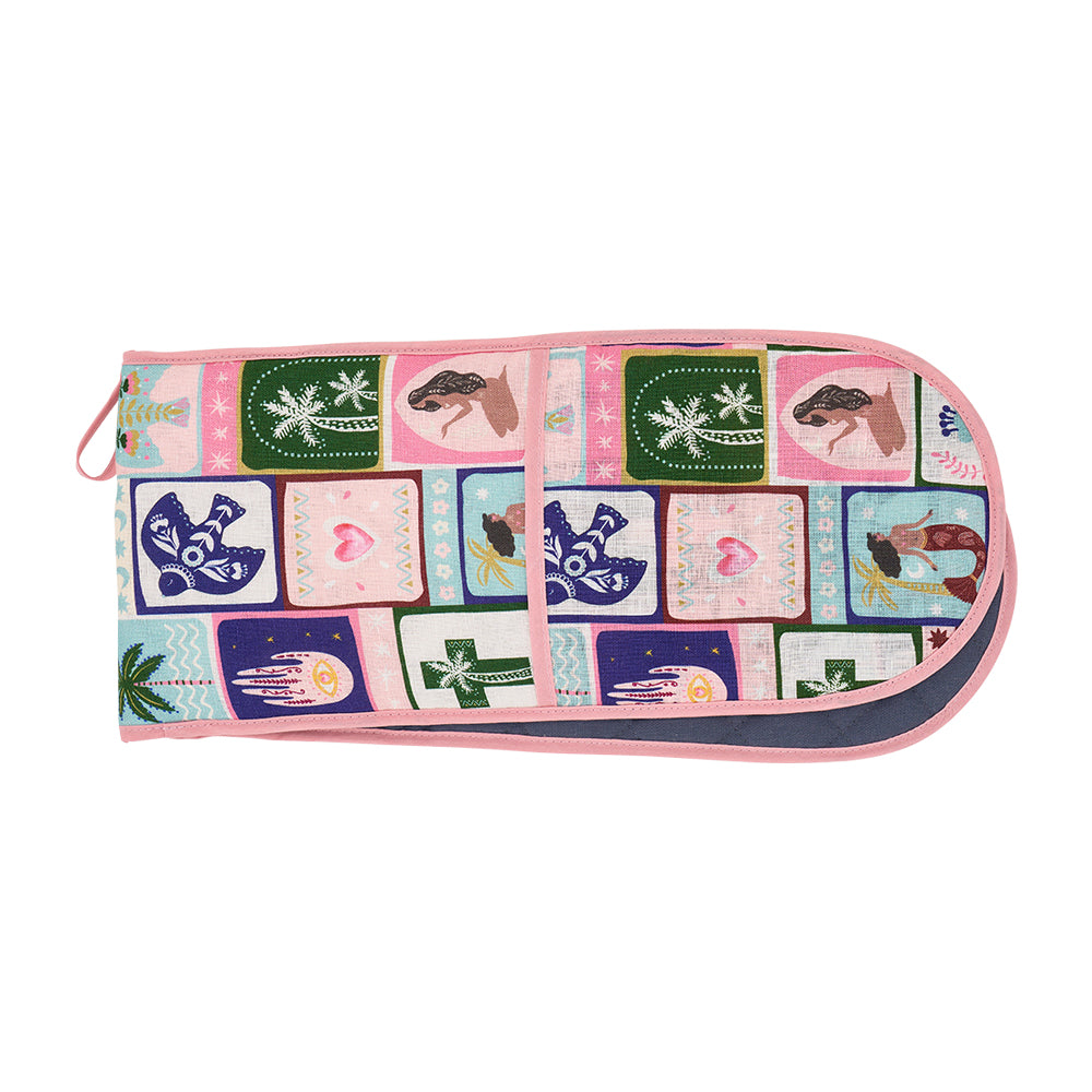 Double oven mitt with colourful Celetials dreams pattern on a white background
