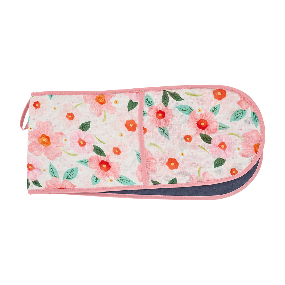 Floral-patterned linen double oven mitt on a white background