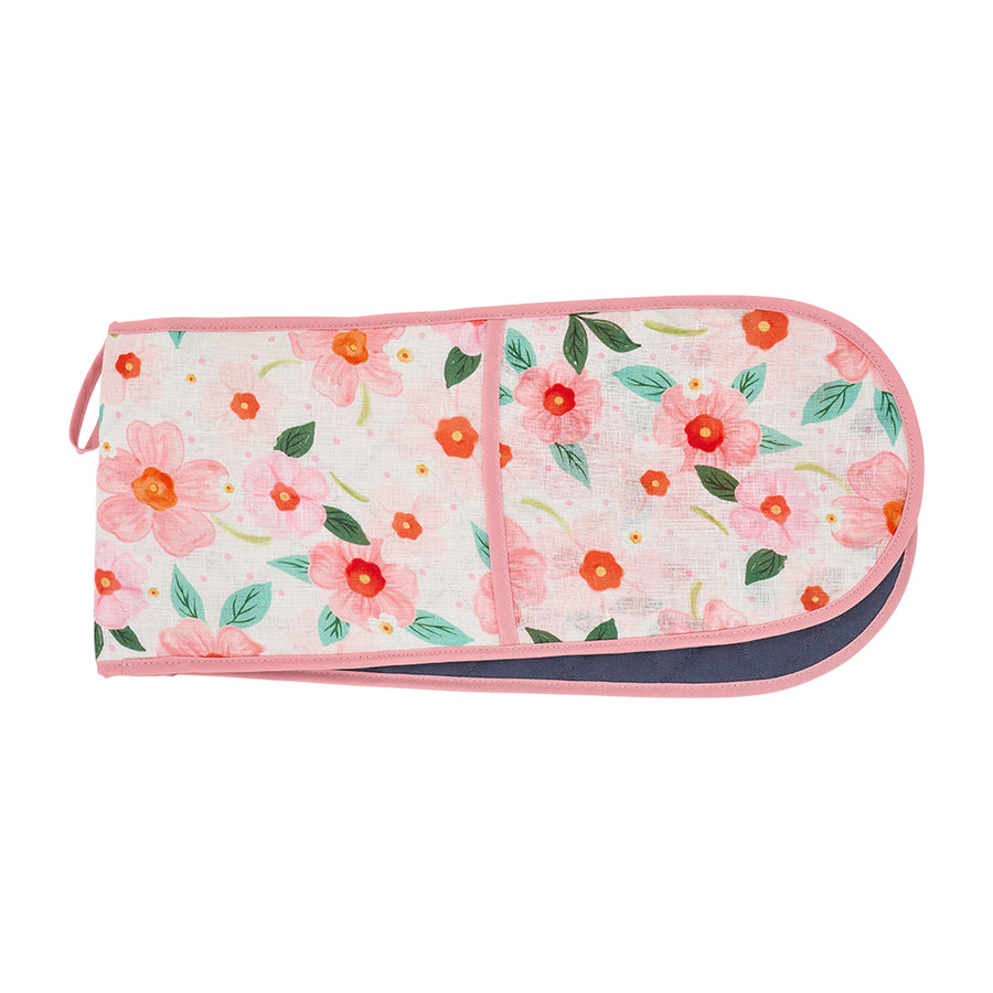 Floral-patterned linen double oven mitt on a white background