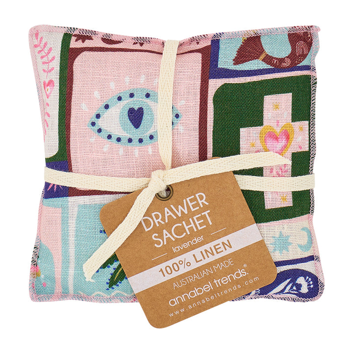 Colorful linen drawer sachet with a tag indicating '100% linen' and 'Australian made' on a white background.