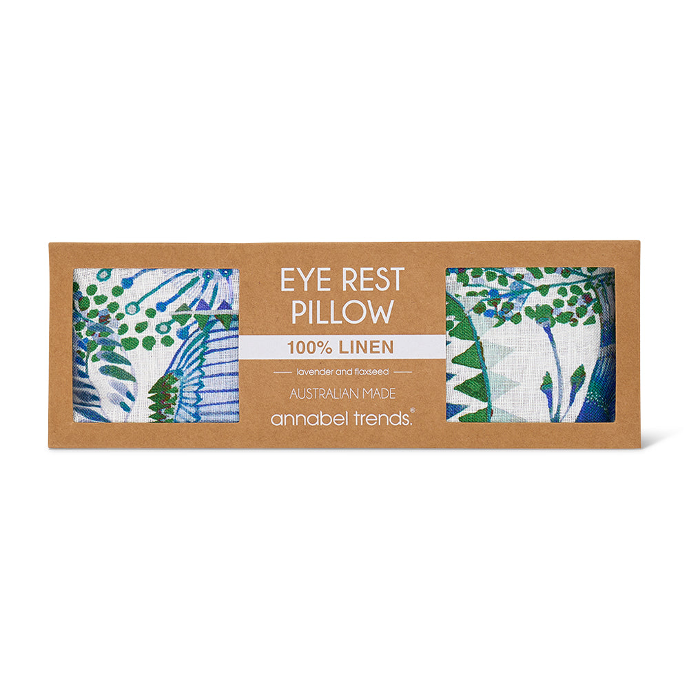 Bush Botanical linen eye rest pillow with green and blue floral print
