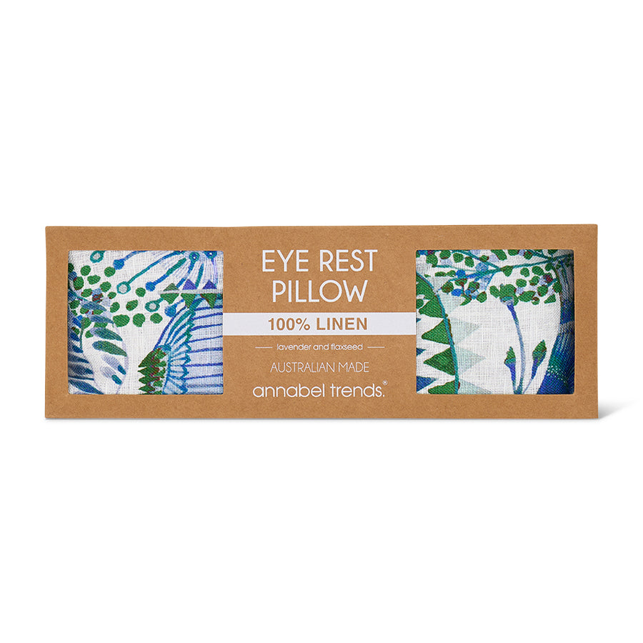 Bush Botanical linen eye rest pillow with green and blue floral print