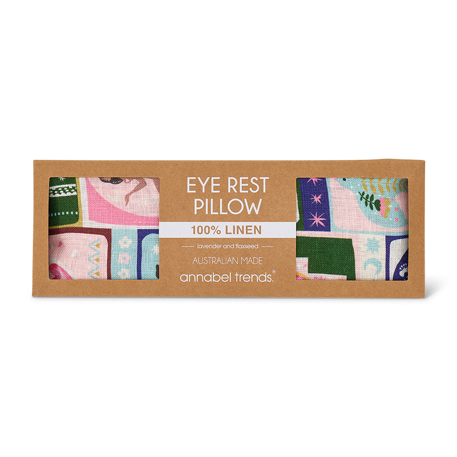 Eye rest pillow packaging with colorful patterns on a white background