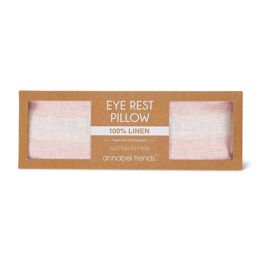 Eye rest pillow packaging with pink linen fabric on a white background