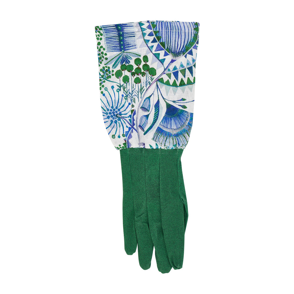 Bush Botanical linen garden gloves with long sleeves with green and blue floral print