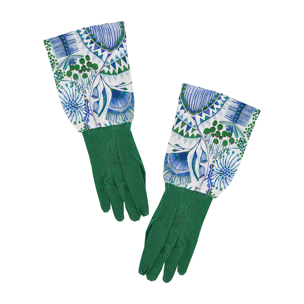 Bush Botanical linen garden gloves with long sleeves with green and blue floral print