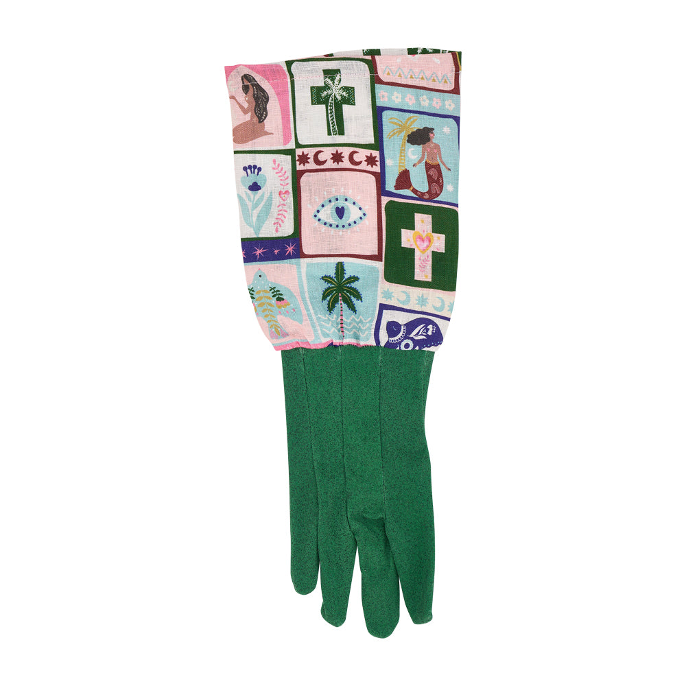 Garden gloves with a colourful celestial dreams  patchwork pattern on a white background