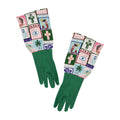 Pair of garden gloves with colourful celestial dreams patterned linen and green glove hand piece on a white background