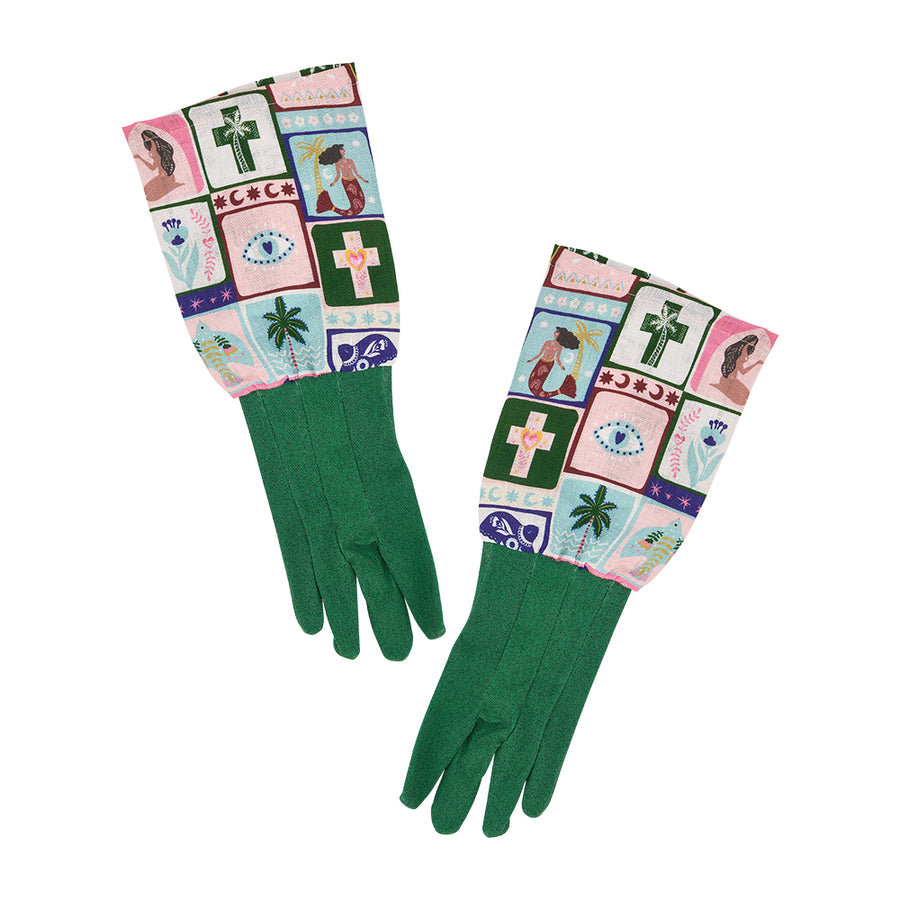 Pair of garden gloves with colourful celestial dreams patterned linen and green glove hand piece on a white background