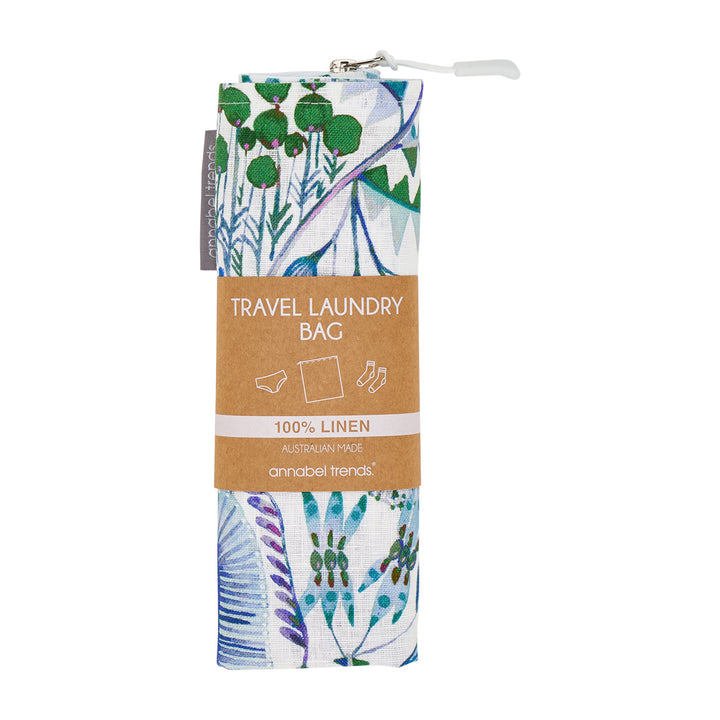 Bush Botanical linen laundry bag with green and blue floral print