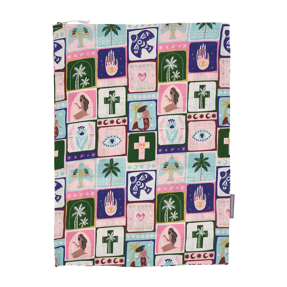 Patterned Linen laundry bag in celestial dreams design with colorful designs on a white background
