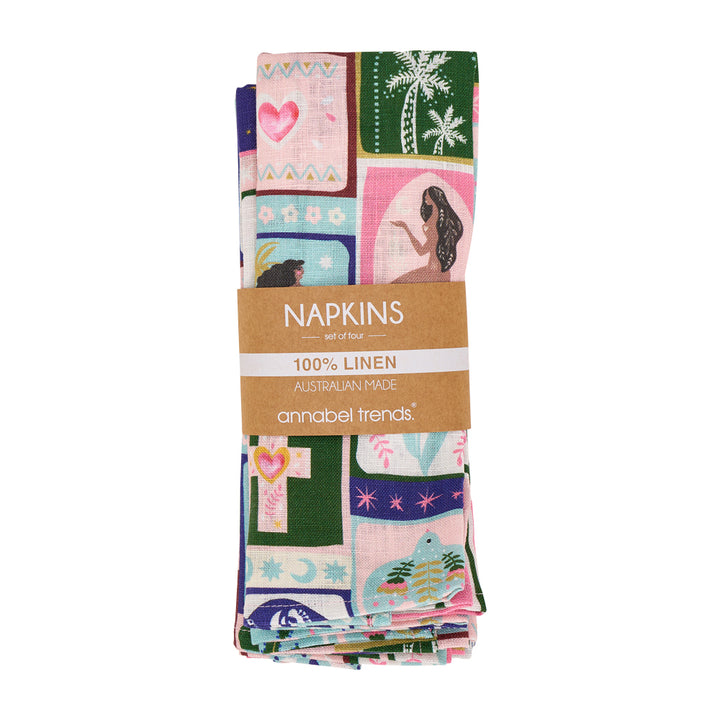 Pack of colorful celestial dreams linen napkins with a 'Napkins' label on a white background