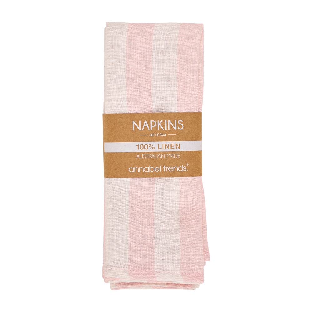 Pack of pink and white striped napkins with a brown label on a white background