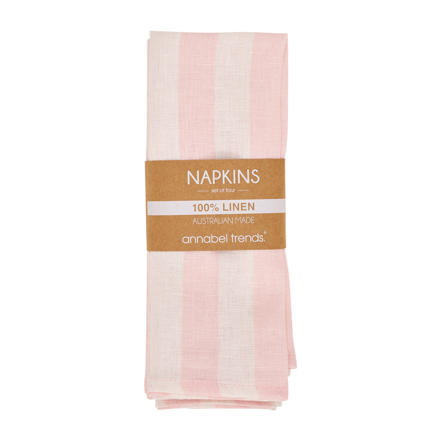 Pack of pink and white striped napkins with a brown label on a white background