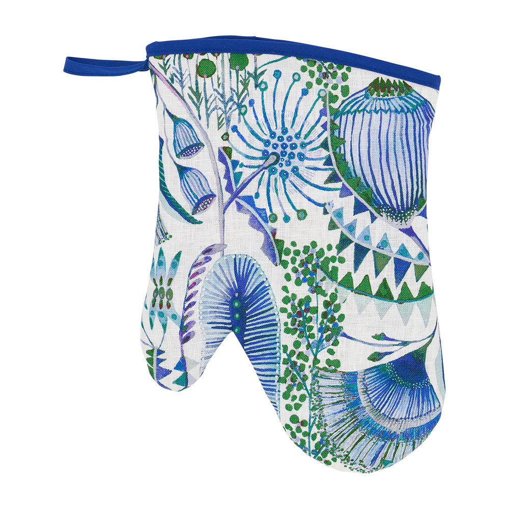 Oven mitt with blue and green abstract bush botanical pattern on a white background