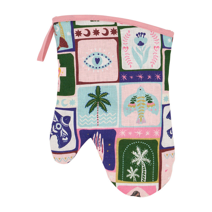 Colorful oven mitt with celestial dreams geometric and nature-themed patterns on a white background