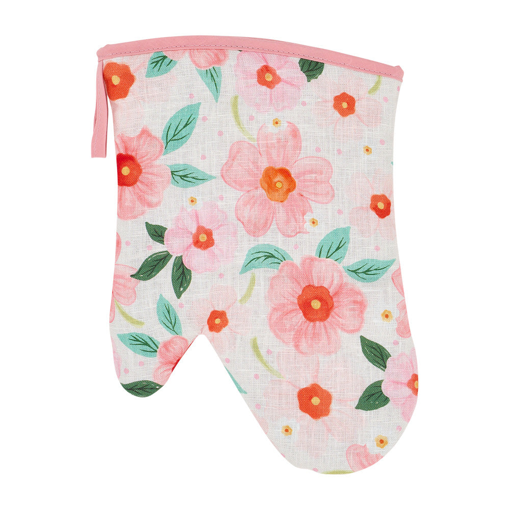 Pink and orange Floral-patterned oven mitt on a white background