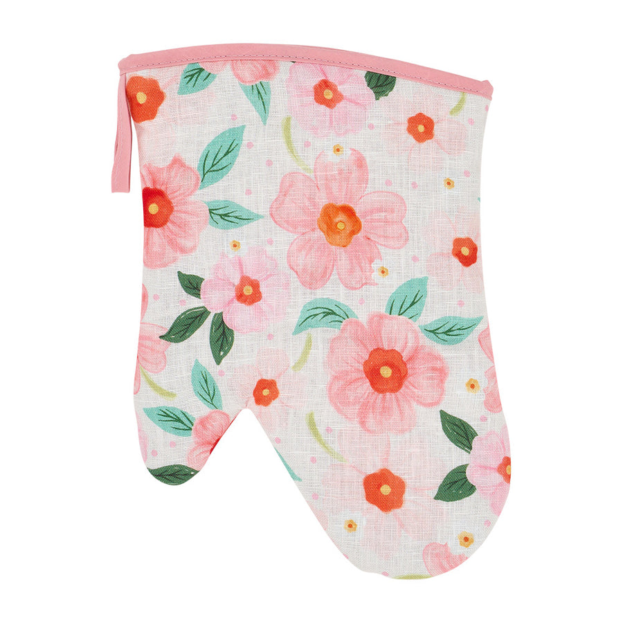 Pink and orange Floral-patterned oven mitt on a white background