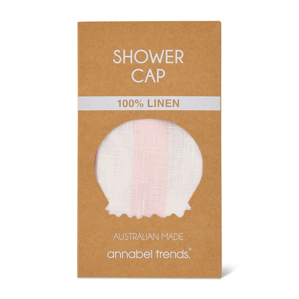 Packaging of a shower cap with linen material, labeled '100% Linen' and 'Australian Made' by annabel trends.