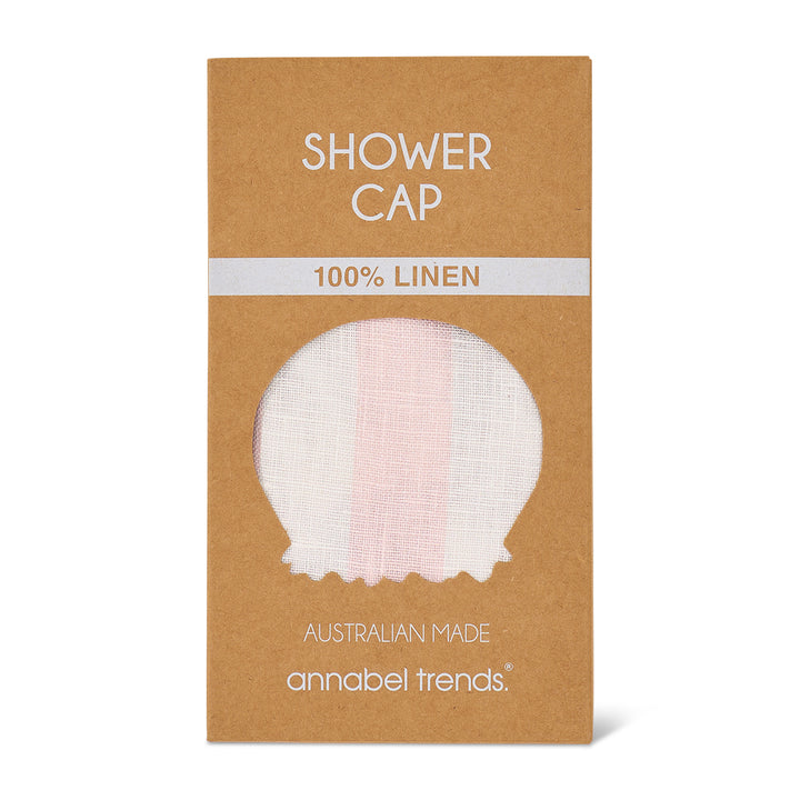 Packaging of a shower cap with linen material, labeled '100% Linen' and 'Australian Made' by annabel trends.