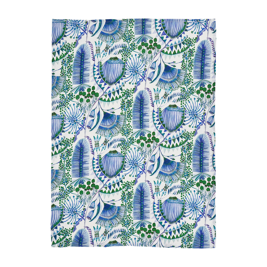 linen bush botanical design tea towel with blue and green design on a white background