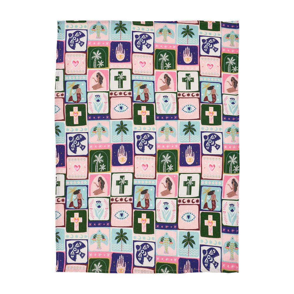 Patterned fabric with various celestial symbols and designs on a white background