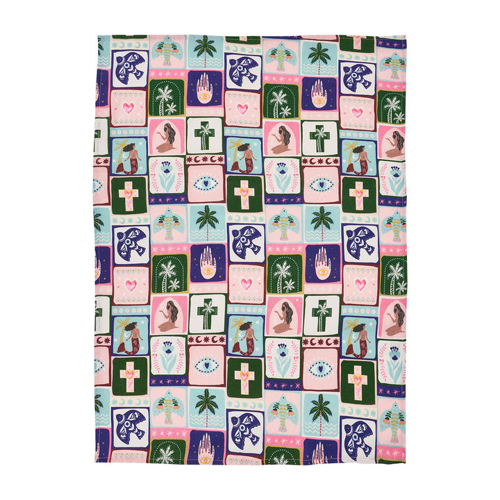 Patterned fabric with various celestial symbols and designs on a white background