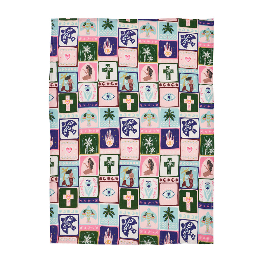 Patterned fabric with various celestial symbols and designs on a white background