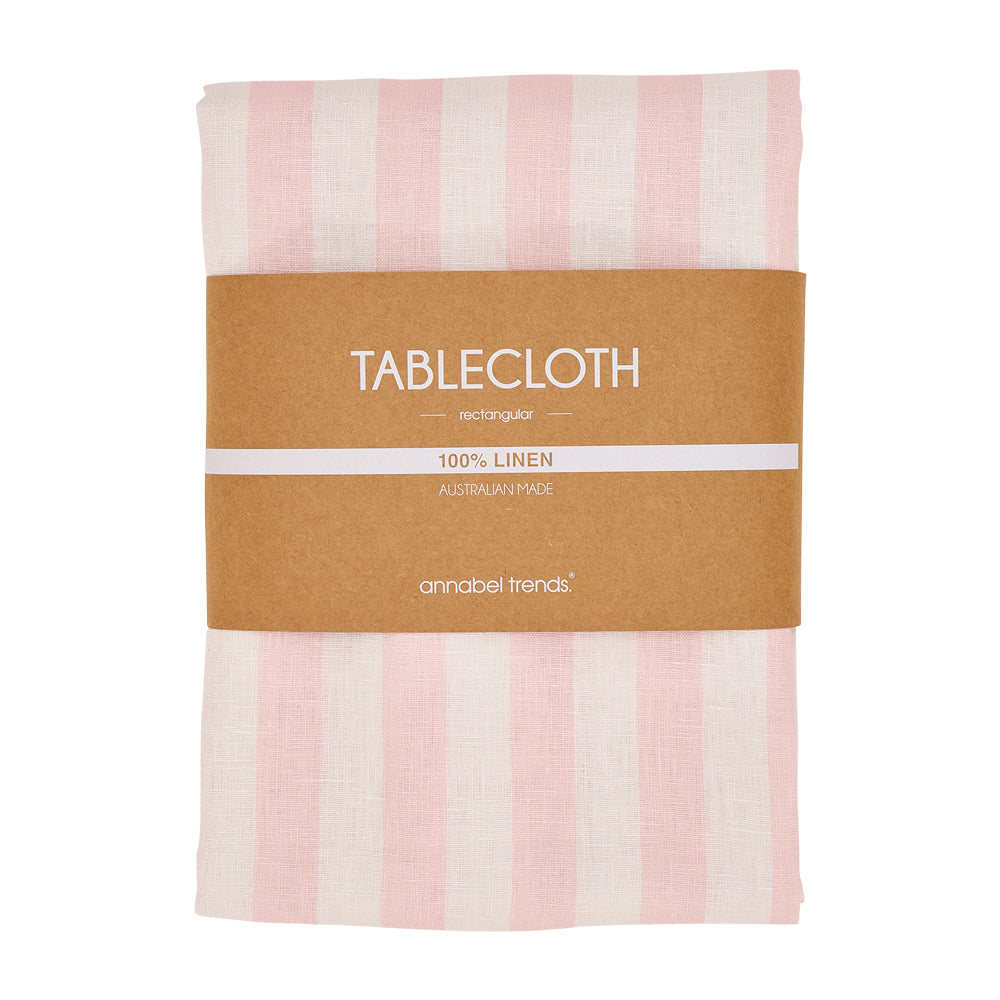 Light pink Striped tablecloth with a brown label on a white background