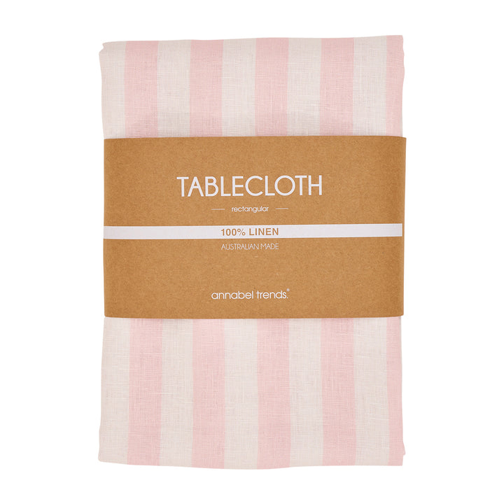 Light pink Striped tablecloth with a brown label on a white background